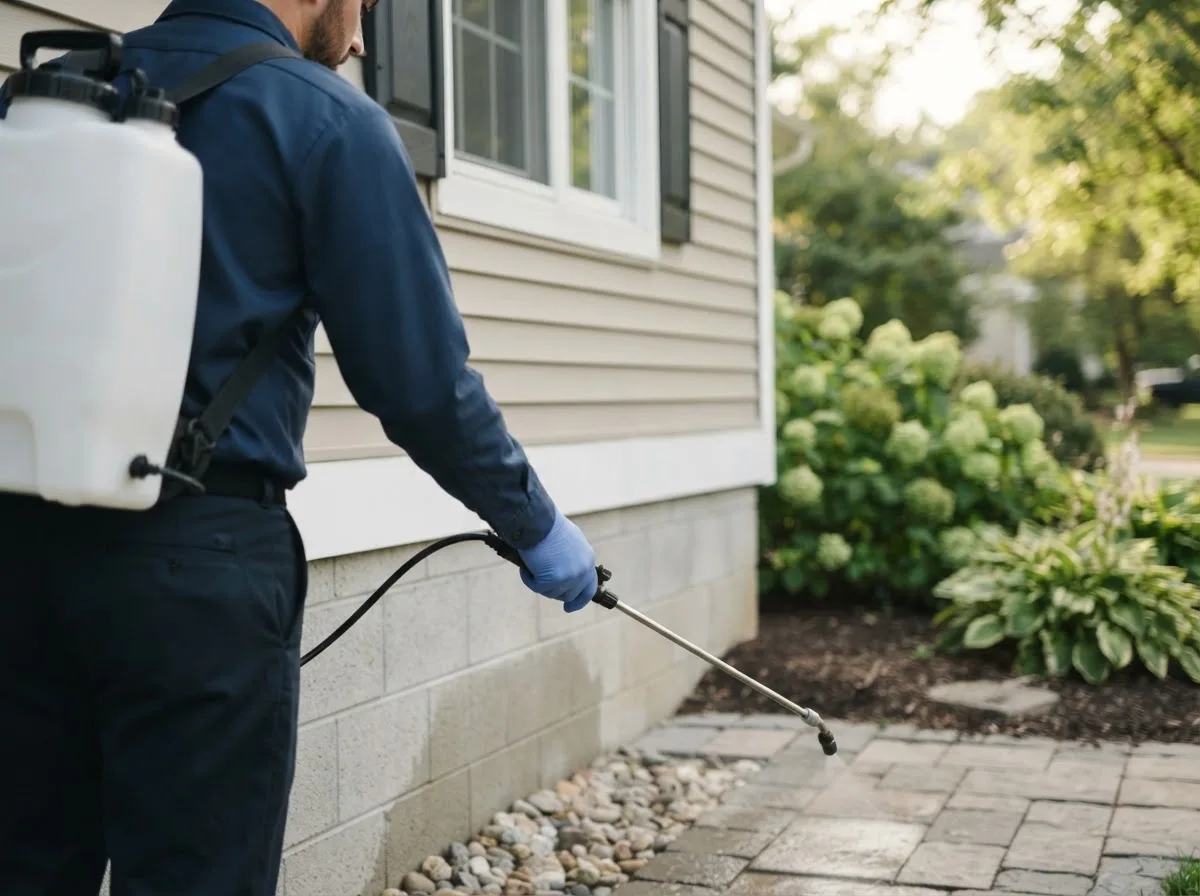 Pest control technician inspecting a home in Bement, IL